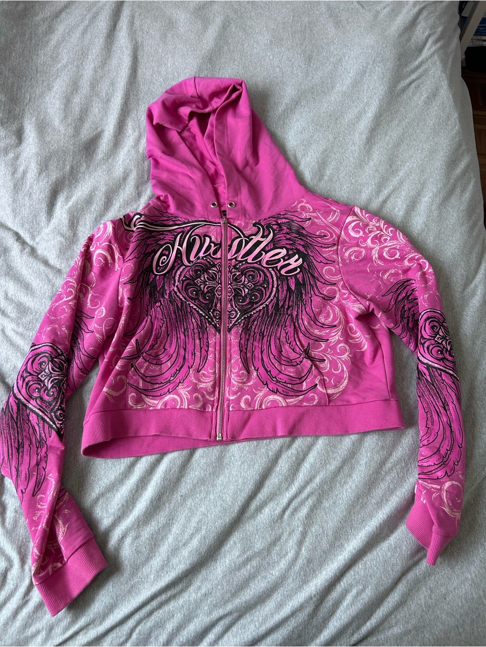 DOLLSKILL Hot Pink Zip-Up Hoodie with Graphic Wings and Heart Design